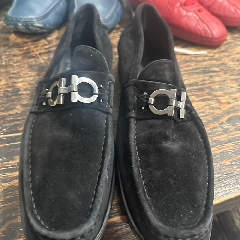 Salvatore Ferragamo Black Suede Loafers with Metallic Accent